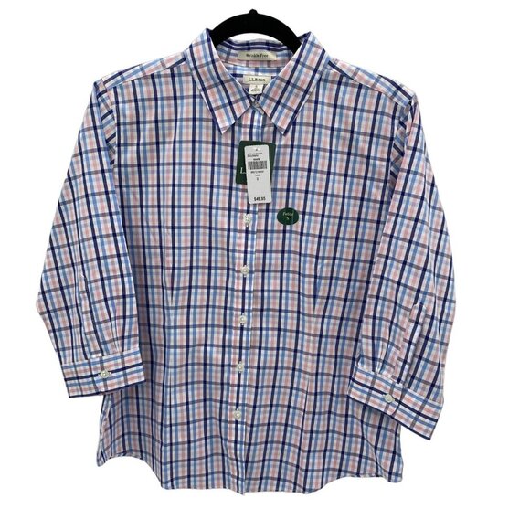 L.L. Bean 3/4 Sleeve Pink/Blue Button Up Shirt Women's Size Petite S - Picture 1 of 8